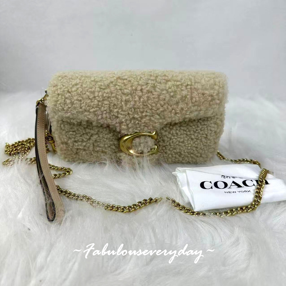 Coach Tabby Chain Strap Crossbody Bag 19 In Shearling Brass/Beige CCD87 NWT
